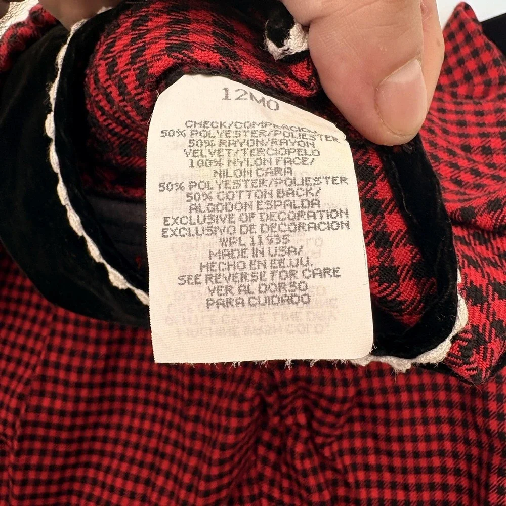 Okie Dokie Coverall Girls 9-12M Red Check Velvet Holiday Cuffed‎ Snap One Piece